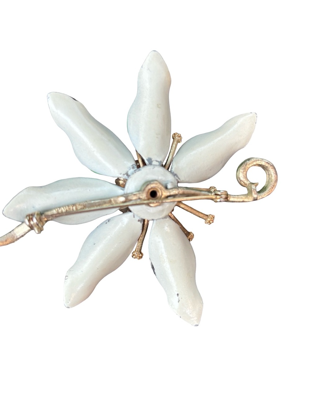 Lisner Premium Vintage Green Enamel Flower Brooch w/Pearl & Aurora Crystal Halo - Picture 3 of 4